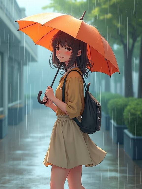 Anime-style illustration of a girl with an umbrella in light rain. She smiles happily. The scene includes full figure and joyful expression. Rain is depicted with soft raindrops and diffused light. Outfits match rainy weather. The umbrella has a vibrant design against a soft background. Vertical composition emphasizes posture and peaceful ambiance.