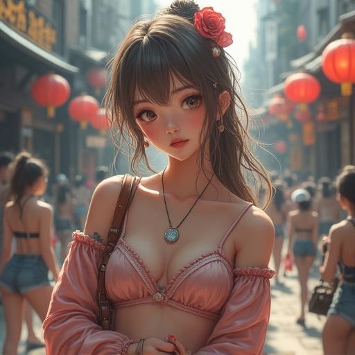 Japanese woman in high-cut swimwear with a modest expression. She stands in a vibrant street filled with people and red lanterns. The scene captures a cultural celebration atmosphere.