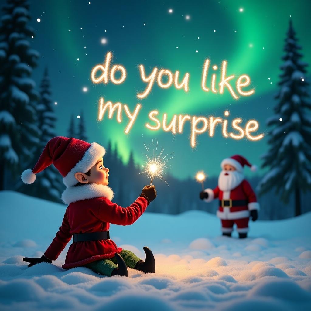 Elf sitting in snow writing 'do you like my surprise' with a wand. Words appear like sparkler writing. Santa visible in background. Northern lights add magic to the scene.