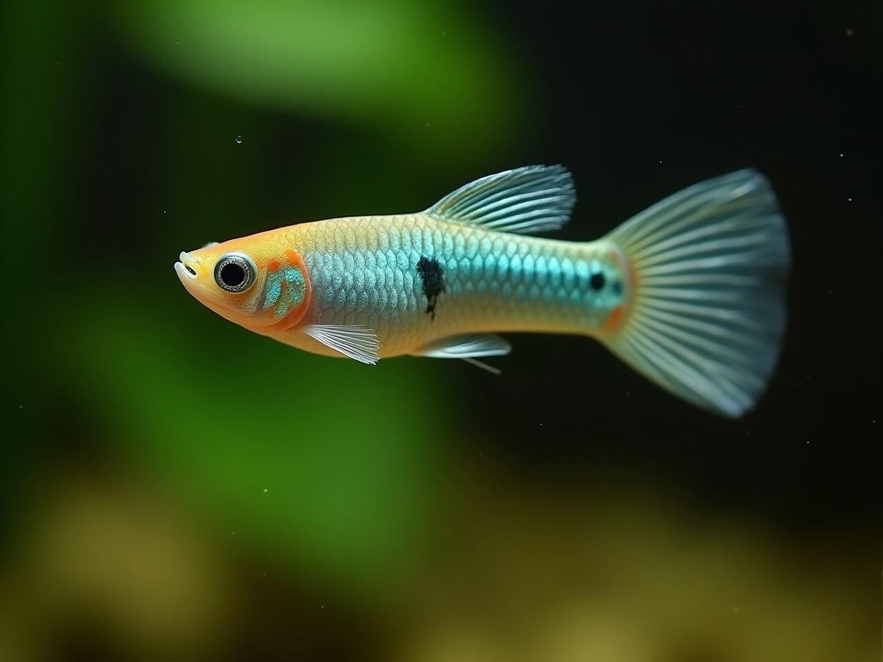 The image features a vibrant aquarium fish swimming gracefully. The fish is primarily orange and blue, showcasing intricate patterns and a delicate tail. Its environment includes soft green plants that enhance the beauty of the scene. The lighting is gentle, illuminating the fish's colors vividly. This image captures the essence of aquatic life—a balance of tranquility and vibrant colors.