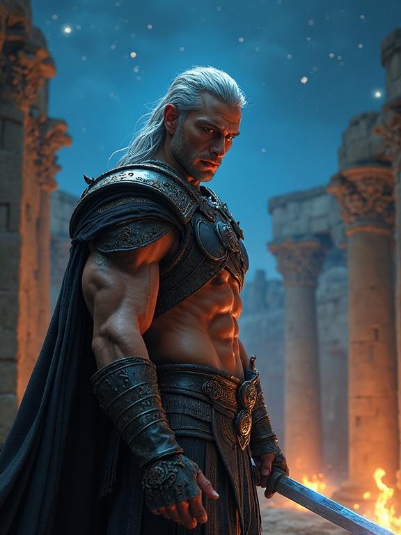 Stylized realism with exaggerated features and high contrast lighting. Male warrior with silver hair and cheek scar. Holding glowing blue sword. Stands before ancient ruins under night sky. Dramatic shadows from torches. Weathered, intricate armor. Cinematic quality.