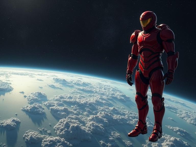 A red armored human giant floats in space above a realistic detailed planet Earth. The scene shows shadows and clouds underneath.