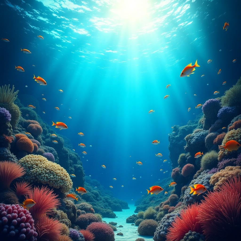 A scene of underwater life with colorful coral reefs and various fish swimming. Sunlight streams through the water, illuminating the ocean floor.