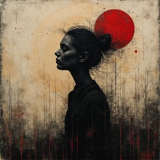 Profile silhouette of a person with a dark color palette. Background features a large red sun and abstract elements. The image blends collage and thread embroidery techniques. Focus on the enigmatic theme and dark aesthetic.