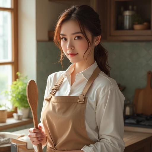 Portrait of a woman in a kitchen holding a wooden spoon in a sunlit setting. She has a gentle smile and naturally glowing skin. Her hair is tied back and she wears an apron over a long-sleeve dress.