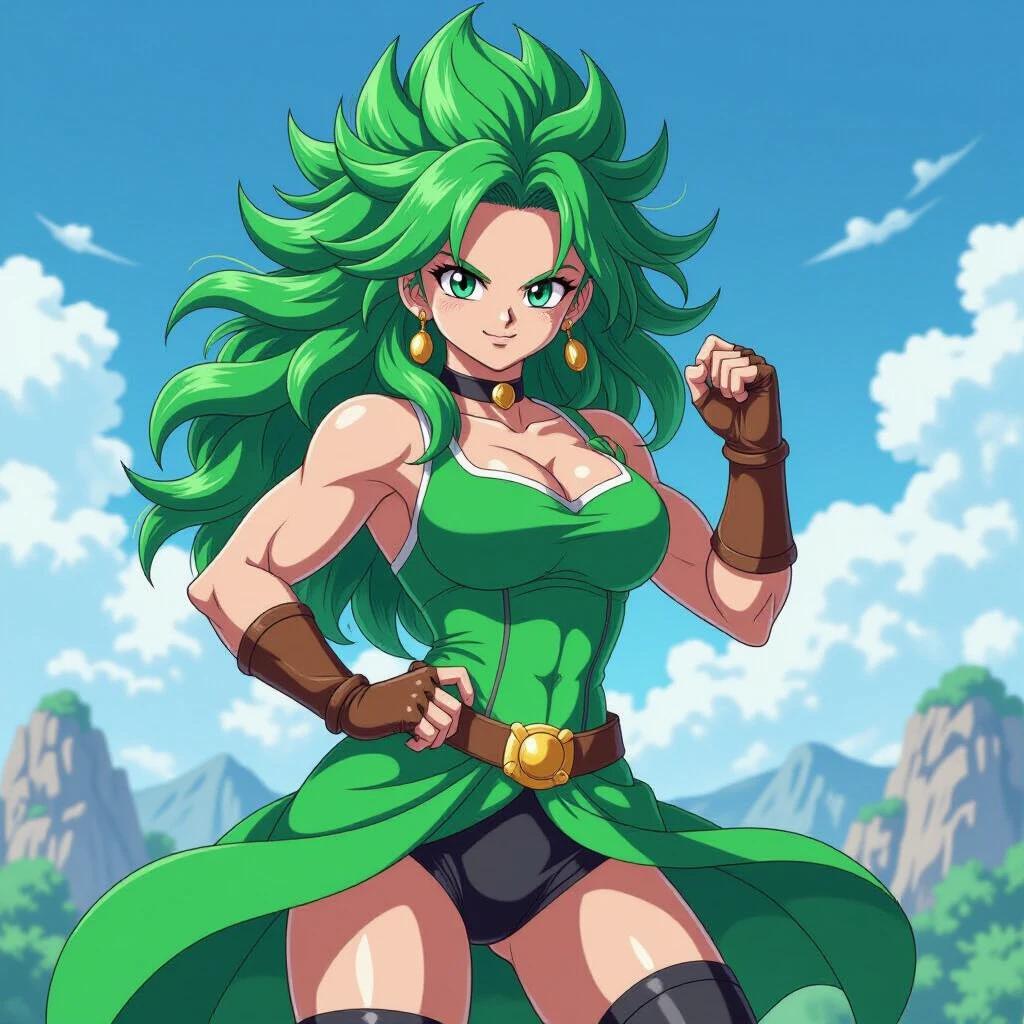 Anime style character with green hair stands confidently. Character has a muscular physique. The outfit is a green dress with black shorts. Background shows a blue sky with clouds and mountains.