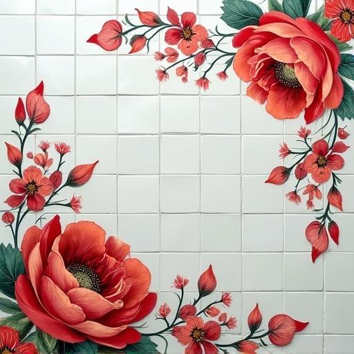 Large mosaic of clean white tiles with floral motifs in reddish colors. Arrangement of 30 tiles wide by 10 tiles high for a poster.