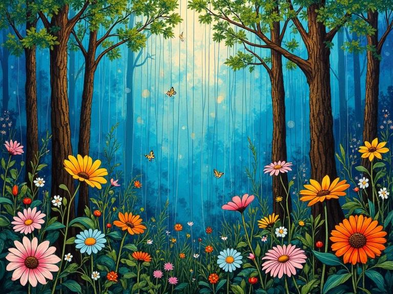 Garden scene with colorful flowers and tall trees. Bright summer rain creates vibrant atmosphere. Surreal elements and rich textures fill the scene. Artistic style reflects heavy paint and mosaic influence. Lush greenery in a dreamlike setting.