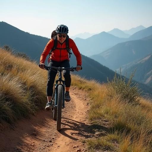 Image of a mountain biker on a scenic trail surrounded by mountains. Bright sunlight. Natural terrain with a dynamic perspective.