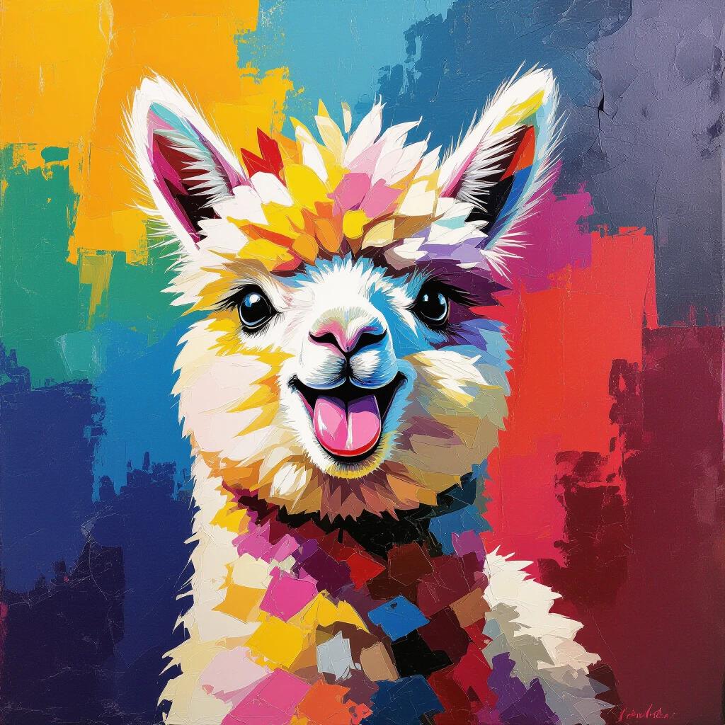 Colorful baby alpaca portrait. Thick palette knife strokes. Goofy expression with tongue out. Multicolor background. Impasto style. Large paint globs. Textured and vibrant.