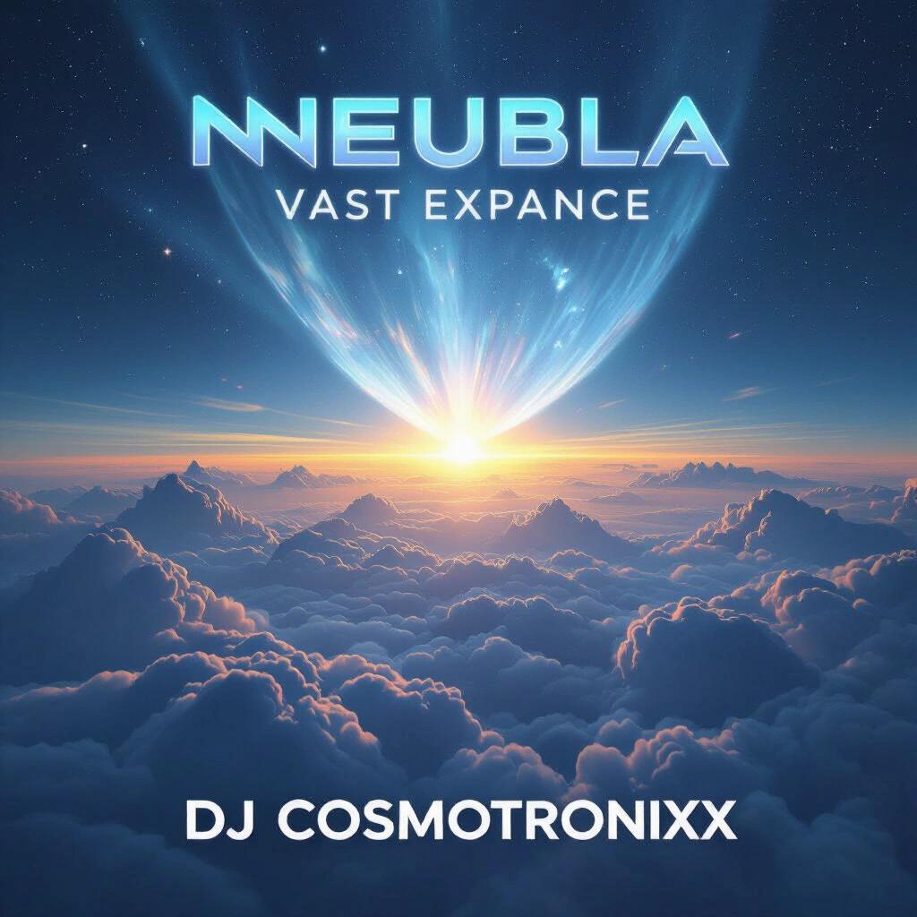 Artistic album cover featuring a vast sky with clouds. Radiant light source creating a stunning effect. Text reads DJ Cosmotronixx.