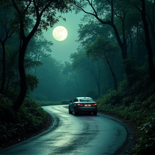 Silver sedan driving on winding road through dense jungle. Full moon overhead illuminating the scene. Shadows and light creating an enchanting ambiance. Nocturnal sounds fill the air. Each road turn reveals captivating views.
