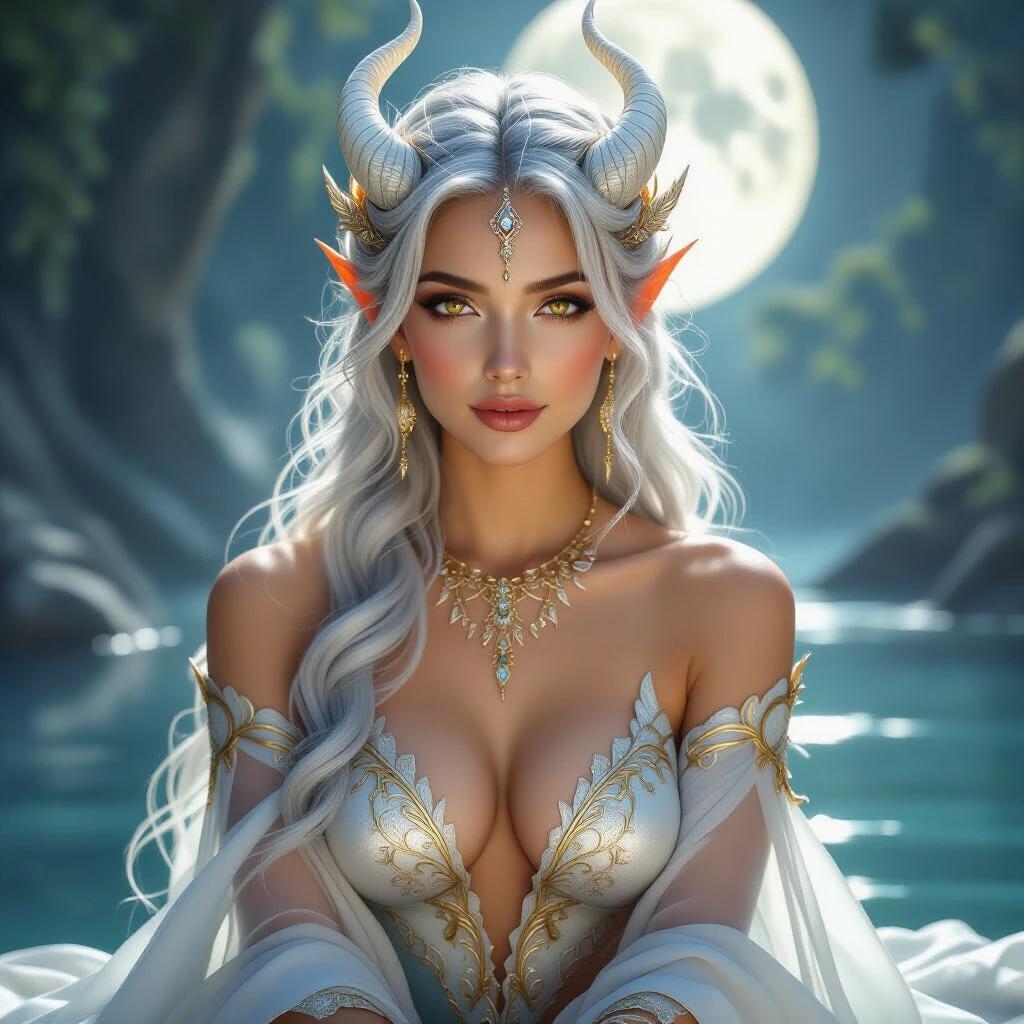 Ultra-realistic portrait of a serene and breathtakingly beautiful woman. She has warm golden-brown eyes delicate facial features soft glowing skin faint silver scales near her temples and long flowing silver-white hair. Elegant ivory horns curl from her head like a crown. She wears a luxurious dragon-themed fantasy outfit a revealing yet tasteful gown adorned with shimmering scale-like patterns translucent silk panels gold embroidery and metallic textures that resemble dragonhide. The gown flows around her like wings accentuating her divine grace. Seated in moonlight by a misty river among ancient temple ruins with a mystical veena beside her.