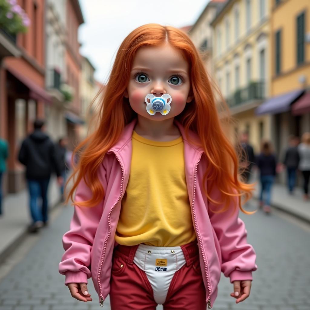 A girl with long red hair and emerald green eyes wears a yellow t-shirt, pink jacket, and red jeans. She has a pacifier and is enjoying a day out with family and friends.