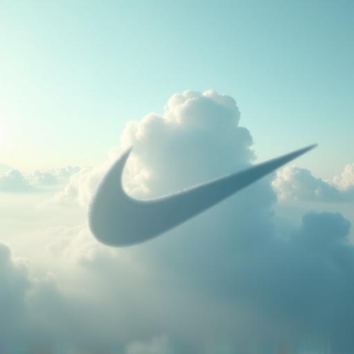 Surreal sky scene features soft volumetric clouds shaped into a large Nike logo. Logo softly blends into surrounding mist with natural edges. Background sky shows a transition from pale turquoise to light blue with sunrays from the top-left. Scene includes depth with semi-transparent clouds and soft-focus foliage in the morning fog. Lighting enhances the contours of the logo and creates a bloom effect. No physical materials dominate—only the atmosphere forms the logo.