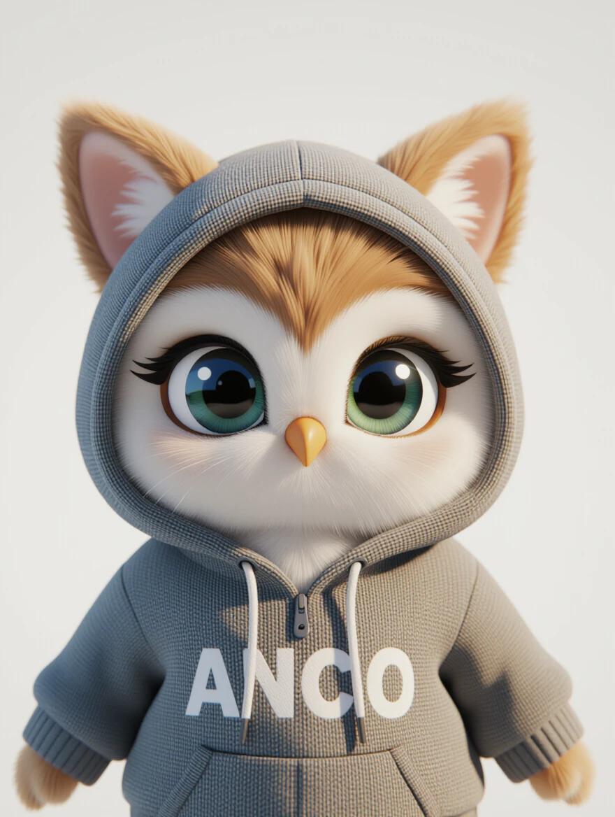 3D rendered plush baby owl with large anime-style eyes. Owl wears a hoodie with cat ears. Soft lighting and shadows. White studio background.