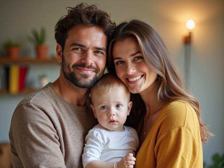 A photo of a family consisting of a man, a woman, and a child. The man and woman are smiling, holding the child. There is a Dutch flag behind the man and a Belgian flag behind the woman.