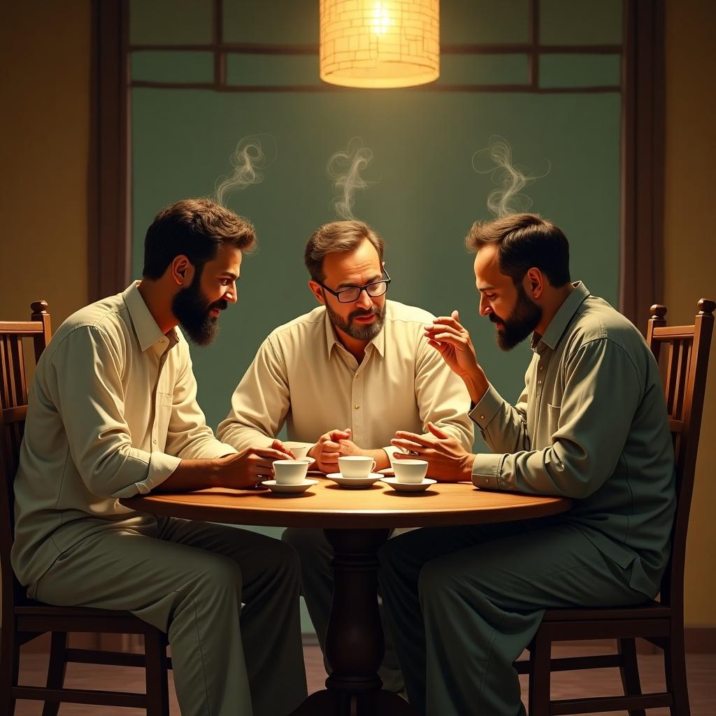 Group of men sitting at small round table enjoying tea. Warm and relaxed atmosphere suggesting close-knit bond. Steam rising from teacups emphasizes shared ritual. Each man distinct, reflecting different personalities. Dimly lit room with wooden furniture and soft glowing lights. Impressionistic style with earthy tones.