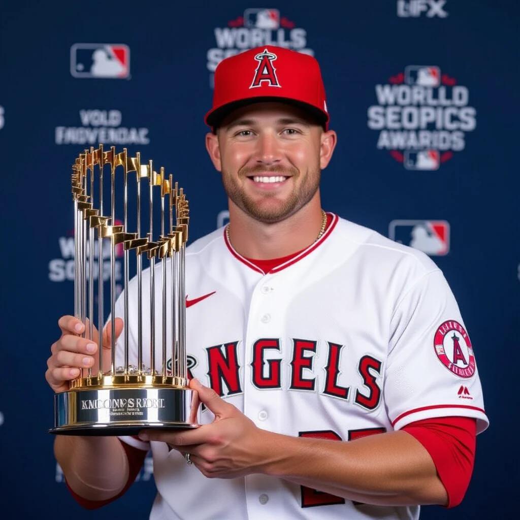 Prominent baseball player holds a prestigious championship trophy. Dressed in an official team uniform. Displaying pride and achievement. Background features branding of an award event.