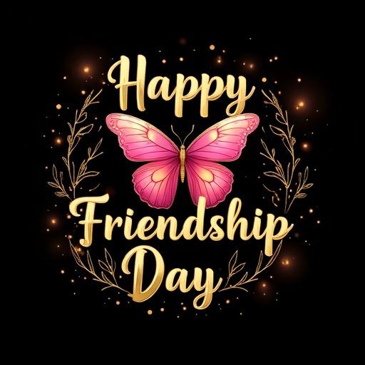 Elegant greeting design for 'Happy Friendship Day' featuring shiny gold text on black background with vivid pink butterfly decorative flourishes and sparkling light particles