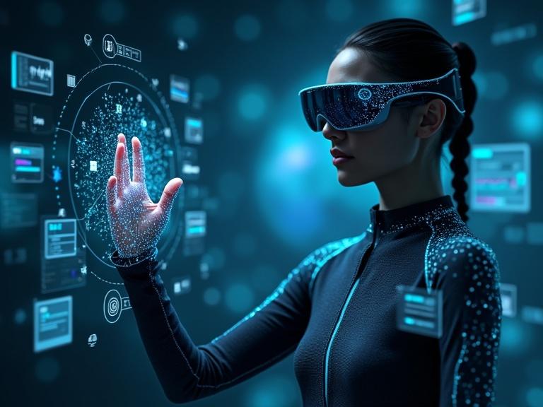 Cybernetic interface visualization features user with AR glasses manipulating 3D data models. Floating UI elements include network nodes and chat windows. Aesthetic is sleek and futuristic with a cool blue glow against dark background.