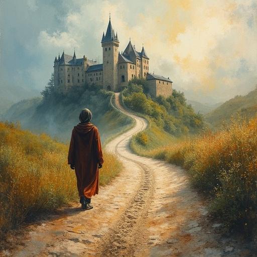 A minstrel wanders along a winding road leading to a castle. Scene captures the essence of a fantasy world. Majestic scenery filled with atmospheric details. Bright and expressive colors enhance the imaginative feel.