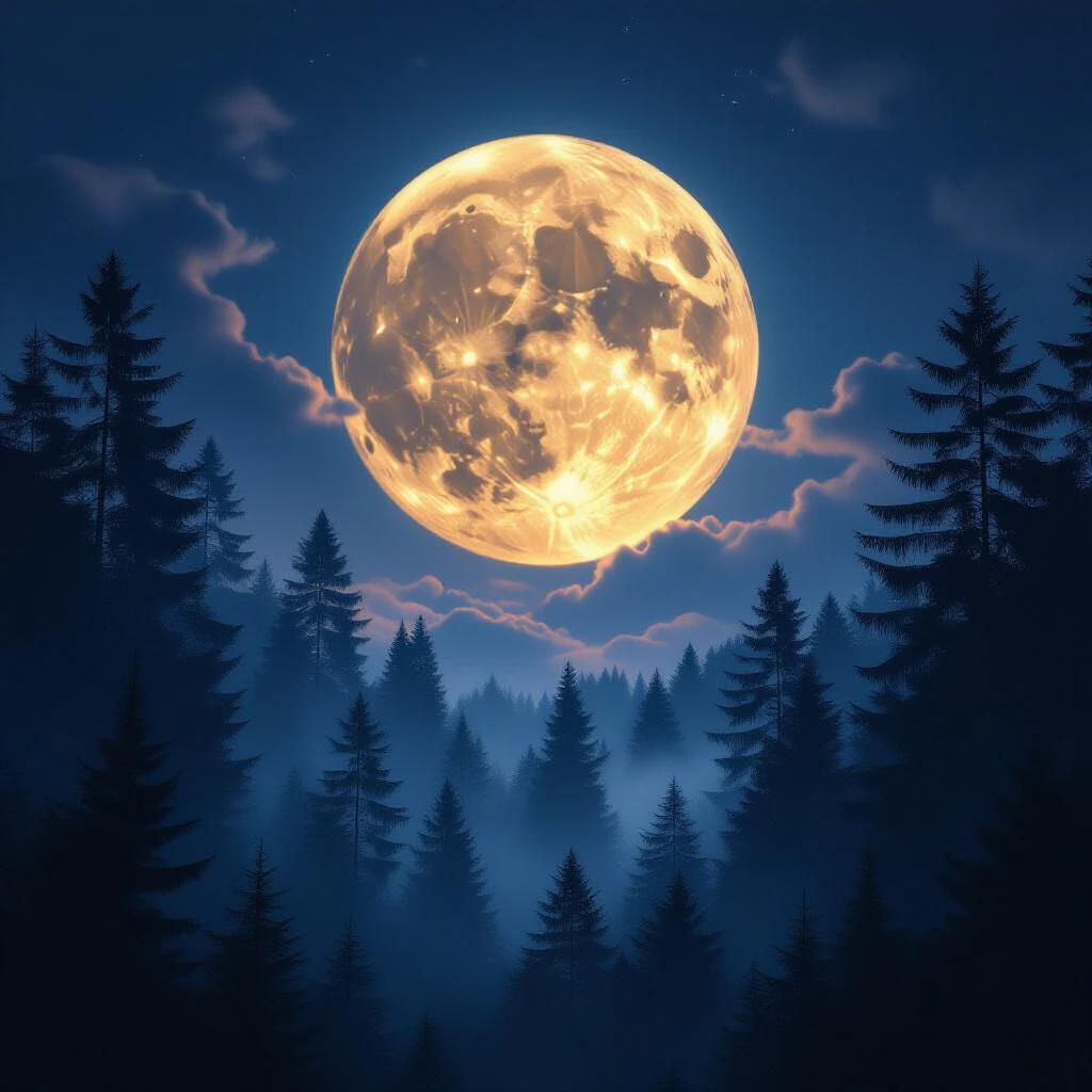 Supermoon rises over a mystical forest. Scene depicts hyper-realistic details. Cinematic atmosphere in 8K resolution.