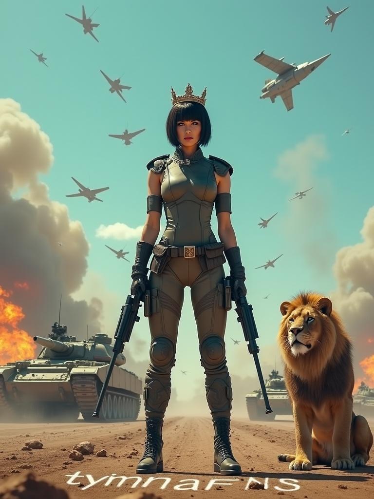 A battlefield with tanks missiles and aircrafts. Smoke and fire everywhere. Bright blue sky in the background. Standing in the middle is an ethereal fierce woman in a crown. She wears a sexy military uniform and holds big long guns. Beside her stands a lion. The word 'tyntynAFNS' is written on the ground.