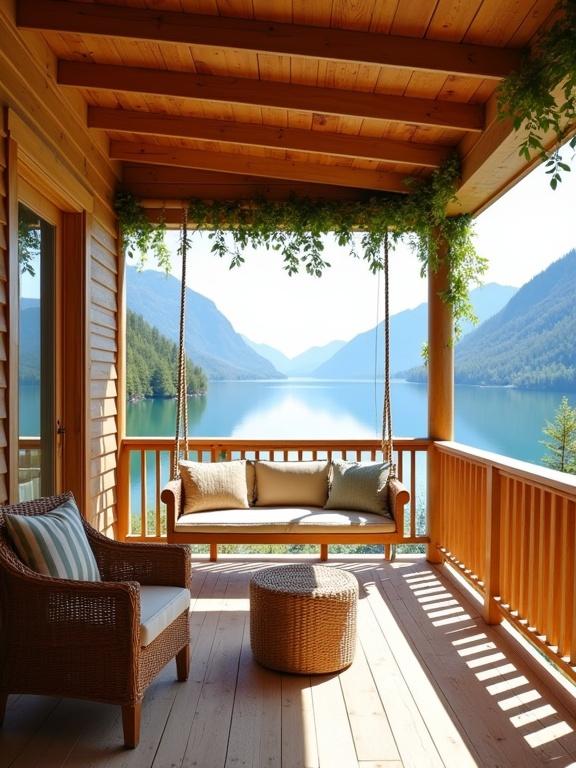 Charming covered porch area overlooking a stunning lake and mountains. Features wooden structure with hanging plants and a swing bench. Wicker chair with beige cushions on the side. Round woven ottoman in front. Bright daylight and serene atmosphere.