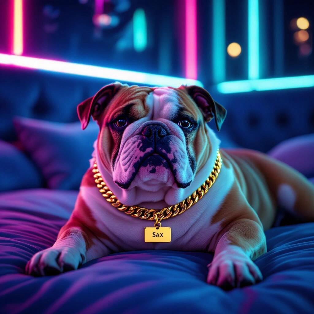 Dark image of a bulldog resting at night. The setting features neon lights in a luxury suite. The dog wears a gold chain with a name tag that reads SAX.