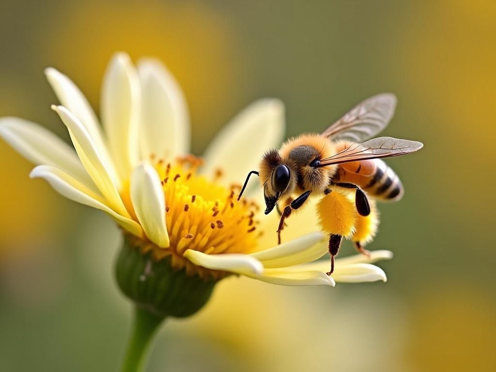 A honeybee is flying towards a flower full of pollen. The bee has bright yellow pollen baskets attached to its legs, making it look fuzzy and vibrant. Behind the bee, we can see a beautiful flower with delicate white and yellow filaments. The background is soft and blurred, enhancing the focus on both the bee and the flower. This scene captures the essence of nature's pollination process, showing how bees and flowers interact. The lighting is natural, creating a warm and pleasant atmosphere in the image.