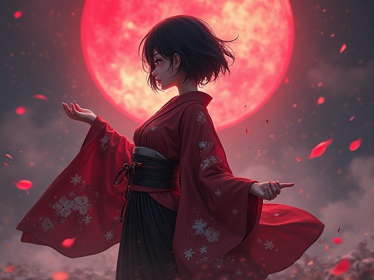 A character in a red kimono stands against a large red moon. She has short black hair and a dynamic pose. The background is dark with petals floating around. Cinematic lighting enhances the scene's drama.
