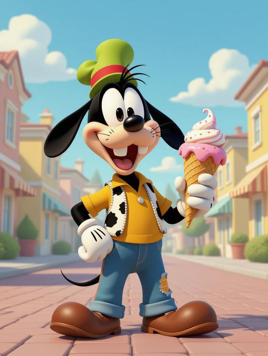 Cartoon character resembling Goofy in Pixar style holds ice cream cone. Character wears a green hat yellow shirt with cow pattern vest ripped jeans. Bright scene on a colorful street with houses in the background. Cheerful expression evokes happiness.