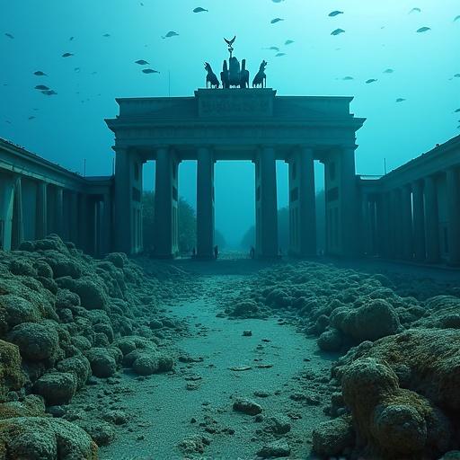 Brandenburg Gate appears submerged underwater for over 1000 years. The structure in ruins and overgrown with marine life. Surrounding area filled with fish swimming freely. Barrier reef visible in the background.