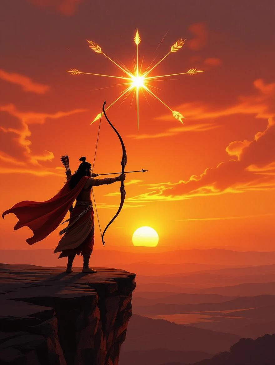 A lone warrior stands on a high cliff at sunset. He holds a divine bow upright. The sky glows in fiery orange and red. His cape flows in the wind. Glowing arrows formed above hint at a historic battle. The land below looks vast and shadowed. His expression is calm yet intense. The atmosphere is divine and prophetic. The artwork showcases Indian mythological epic style with 4K ultra-detailed visuals.