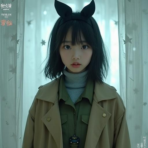 An Asian girl with short hair in an olive green military uniform stands in a sci-fi setting. She shows surprise and curiosity while facing the camera. A dimly lit technological background suggests a spaceship. Her uniform features functional equipment. The style is realistic and atmospheric with a tense vibe.