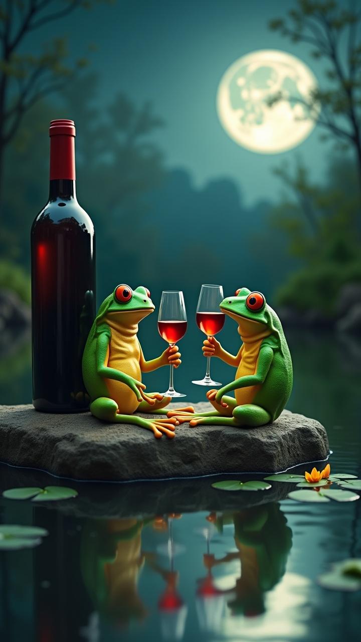 Two vibrant frogs sitting on a rock in a pond under a full moon, holding wine glasses. A wine bottle beside them.