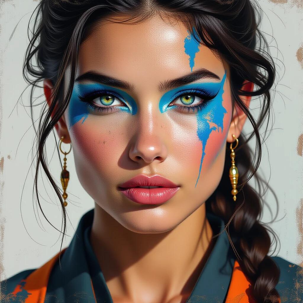 Portrait of an edgy woman with blue paint on her face. Incorporates elements of solarpunk and Germanic art styles with a focus on vibrant colors and facial features. Influenced by zen buddhism.