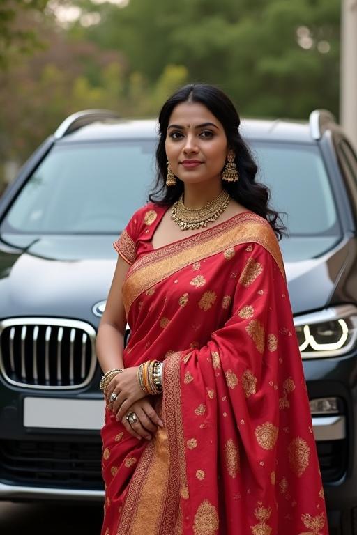 Indian woman wears traditional saree. She poses beside a BMW car. The background is outdoor with subtle greenery. The saree is red with intricate designs. Accessories add elegance.