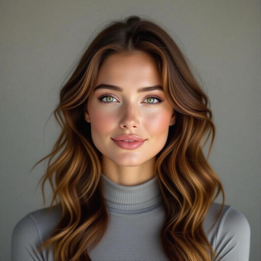 Photorealistic portrait of a woman with long tousled wavy auburn hair and natural green eyes. She has full lips and natural skin texture with visible pores. Head slightly tilted with subtle smile lines and light crow's feet. Wearing a grey form-fitting bodysuit against a grey backdrop. Sharp focus and even studio lighting.