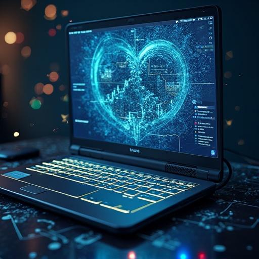 Laptop with a glowing keyboard on a desk. Screen displays a heart symbol made from digital data visualization. Dark background with subtle light reflections.