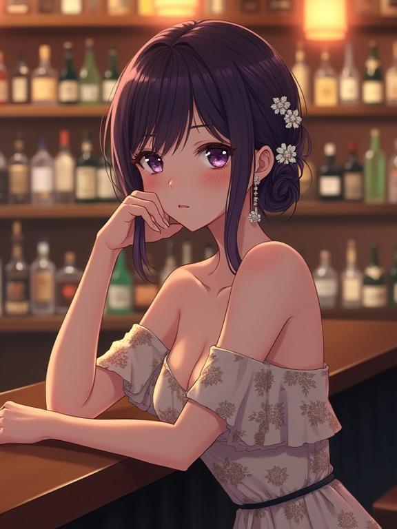 Anime-style lady with dark violet hair. She has small flowers and earrings. Expressive light violet eyes. Wears off-the-shoulder light beige dress. The dress has floral patterns. Seated at a bar counter in Sakai, Osaka. Shelves with bottles in the background. Warm lanterns create an inviting atmosphere.