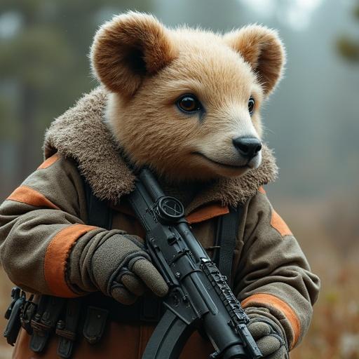 Create an image of an anthropomorphic bear wearing military gear with a rifle. The bear has a friendly expression and stands in a forest setting.