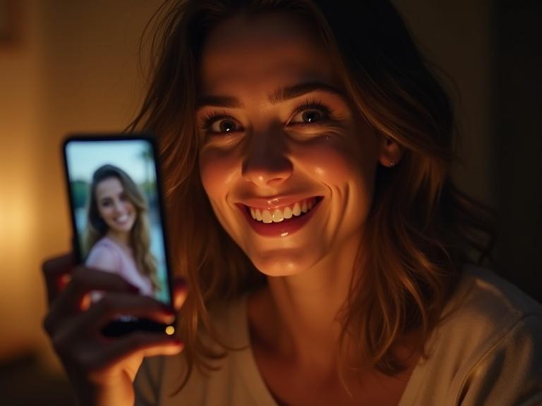 A young woman smiles joyfully while holding a smartphone. Her eyes are teary with happiness. A single tear rolls down her cheek. The screen shows a paused video message of herself. The setting has warm, ambient indoor lighting. The image has a shallow depth of field and cinematic feel.