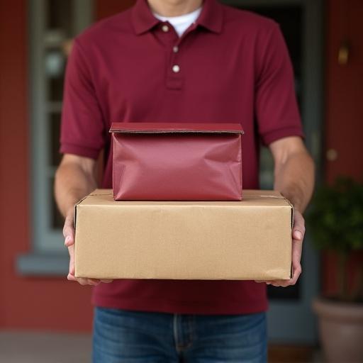 View from outside a house with a delivery man holding a cardboard box and dark red paper bag. Focus on the box and bag. Simple background with dark red color.