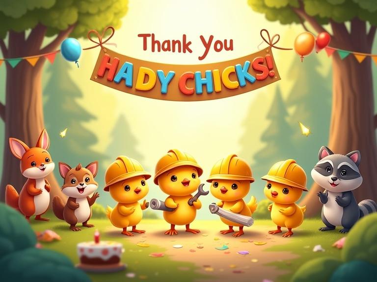 Cheerful forest party featuring five tiny yellow baby chicks in center wearing small construction helmets and holding tools. Surrounded by six happy animals including a baby fox and squirrel. Colorful banner overhead stating 'Thank You Handy Chicks!' with balloons and cake. Bright lighting and playful 2D cartoon style appealing to toddlers.