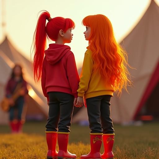Two dolls at a music festival outside their tent. One doll has red and yellow hair with a red tracksuit top. The other doll has luminous orange hair with yellow streaks in a yellow tracksuit top. Both wear black pants and colorful wellington boots. They hold hands and face each other.