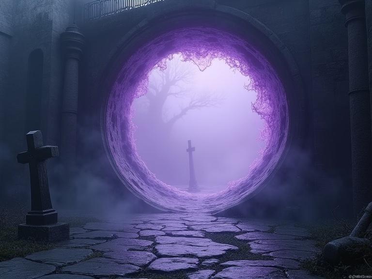 Oval shaped interdimensional portal chaotic outer ring watery swirling purple hues visible foggy graveyard solid stone slab floor thick magical mist