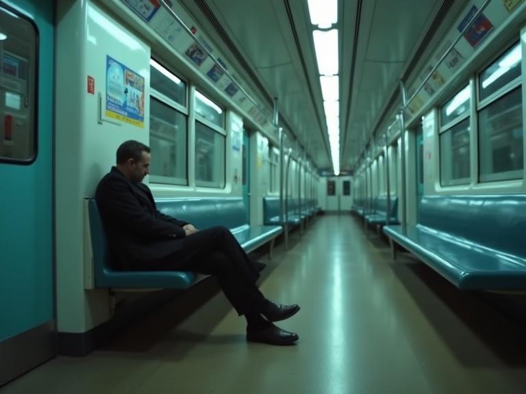 A man sits alone in an almost empty MRT train car. The benches are turquoise, and the environment is stark and modern. The lighting is artificial and bright. The train is mostly empty, creating a sense of isolation.