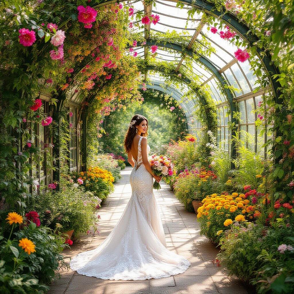Bridal portrait in a flower-filled garden. Bride stands in a long wedding gown. Colorful flowers surround a glass greenhouse. Bright natural light illuminates the scene. Ideal for wedding inspiration themes.